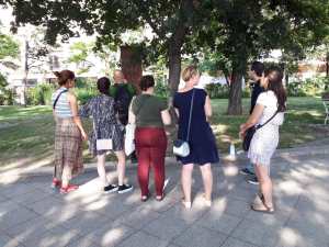Elementary class in front of Genocide Memorial in Budapest
